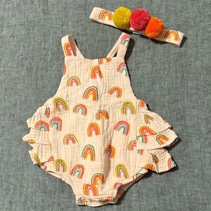 Mudpie Rainbow Print Baby Romper with Ruffle Butt/Matching Headband (Like new!)